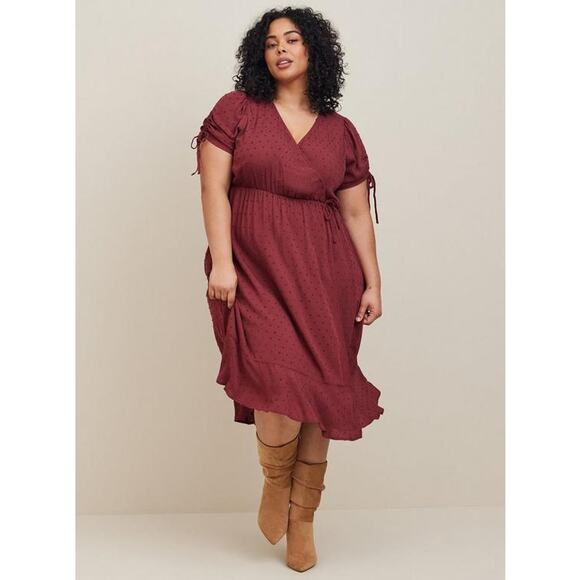 Torrid Midi Swiss Linen Surplice Dress Faux Wrap Burgundy 0 / Large / 12 - Picture 10 of 10